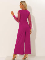 Elegant V Neck Mesh Long Sleeve Loose Wide Leg Romper Party Jumpsuits