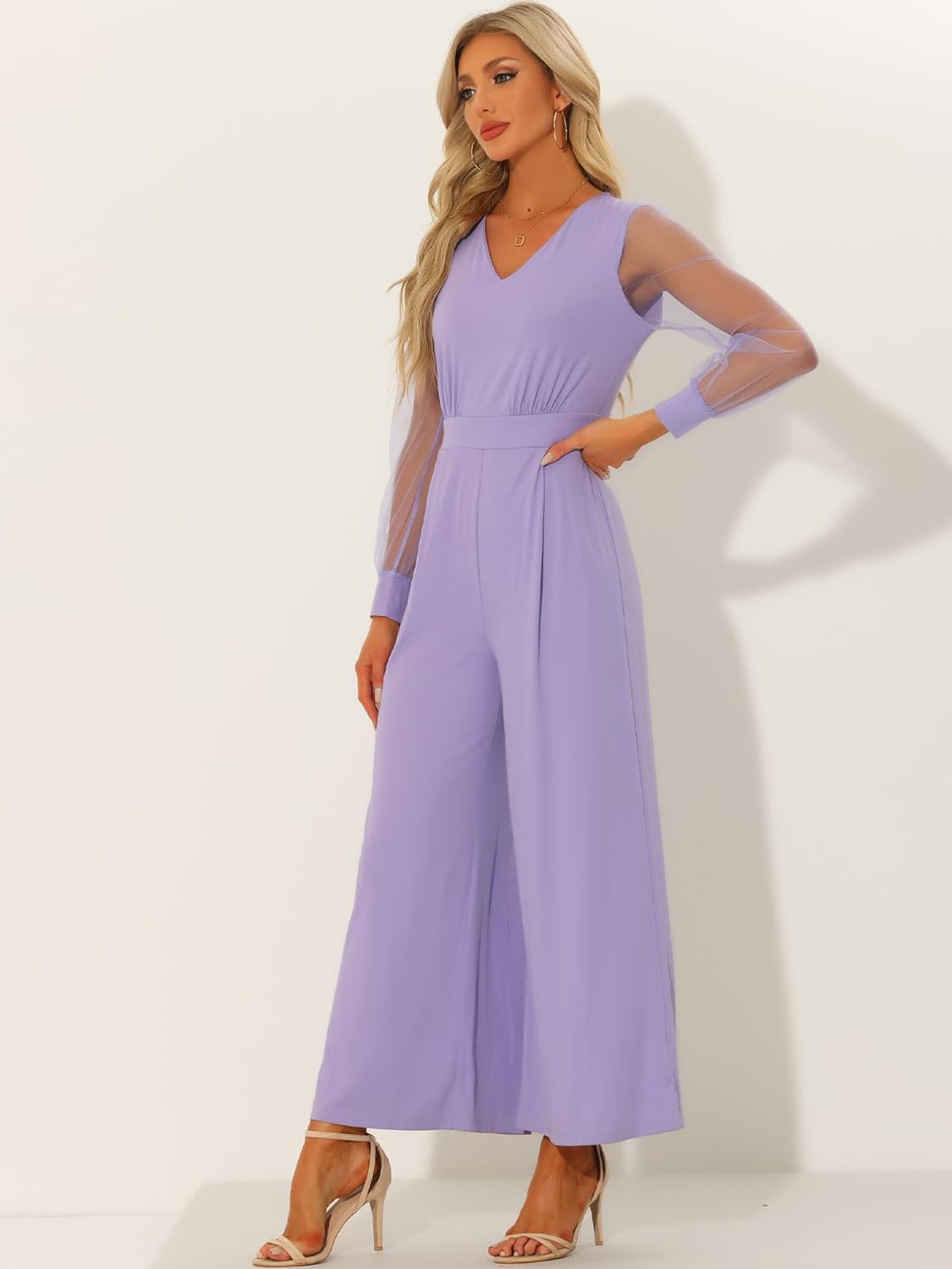 Elegant V Neck Mesh Long Sleeve Loose Wide Leg Romper Party Jumpsuits