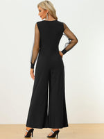 Elegant V Neck Mesh Long Sleeve Loose Wide Leg Romper Party Jumpsuits