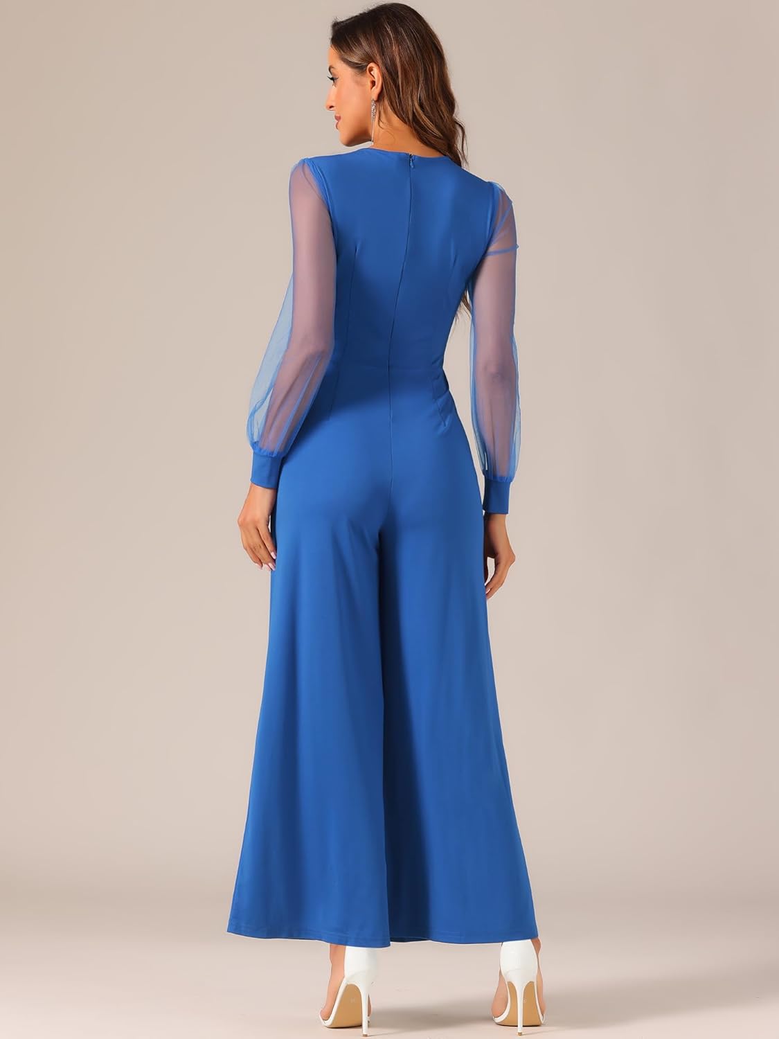 Elegant V Neck Mesh Long Sleeve Loose Wide Leg Romper Party Jumpsuits