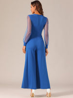 Elegant V Neck Mesh Long Sleeve Loose Wide Leg Romper Party Jumpsuits