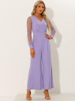 Elegant V Neck Mesh Long Sleeve Loose Wide Leg Romper Party Jumpsuits