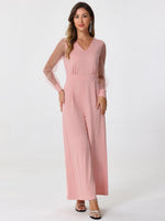 Elegant V Neck Mesh Long Sleeve Loose Wide Leg Romper Party Jumpsuits