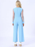 Elegant V Neck Mesh Long Sleeve Loose Wide Leg Romper Party Jumpsuits