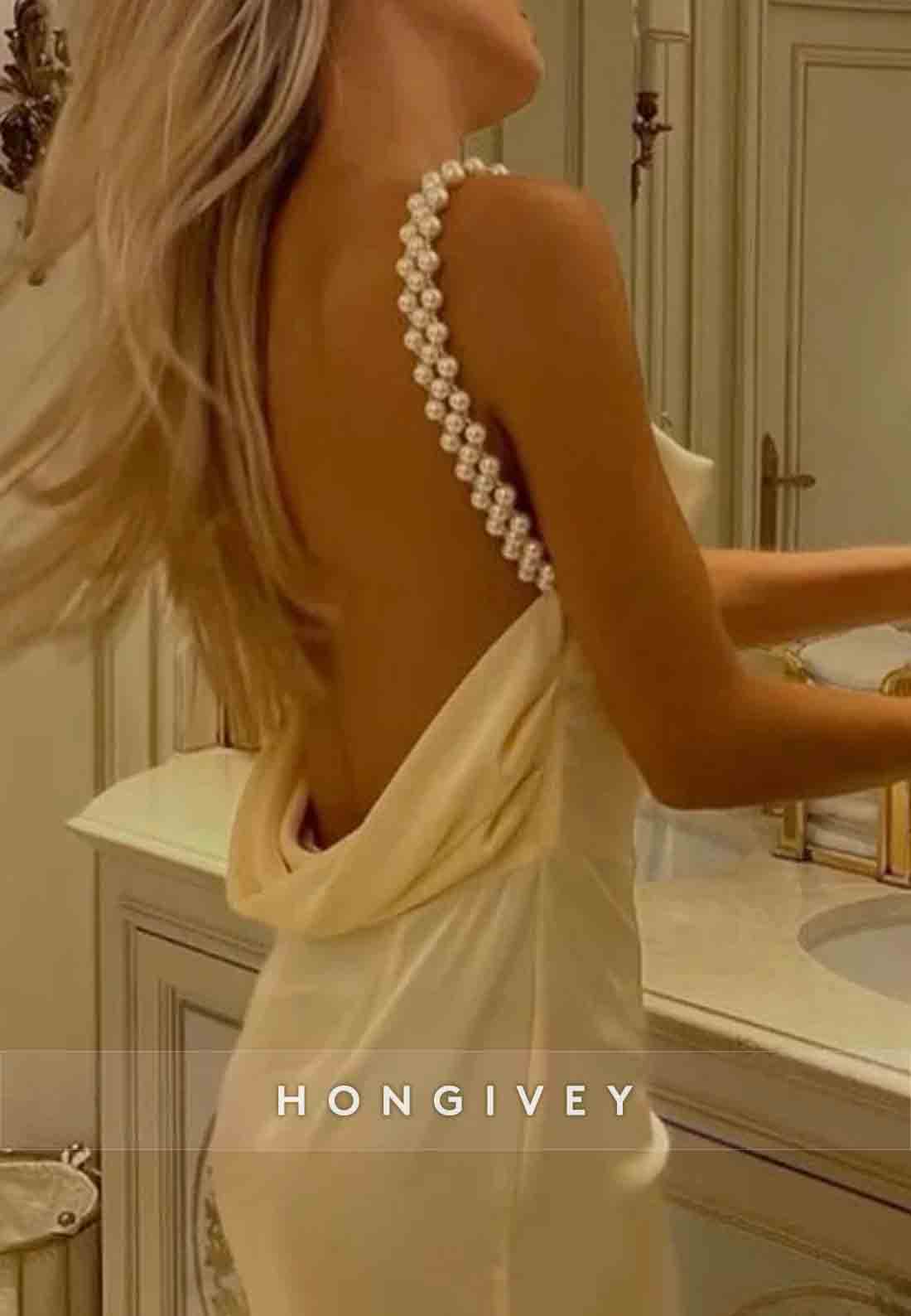 Yellow Charming Sheath Spaghetti Straps Long Party Dress with Pearl