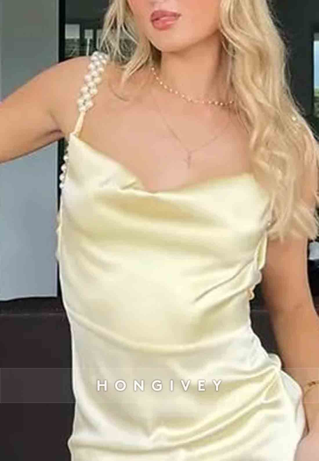 Yellow Charming Sheath Spaghetti Straps Long Party Dress with Pearl