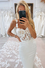 Gorgeous Mermaid V Neck Elastic Satin Wedding Dress with Appliques