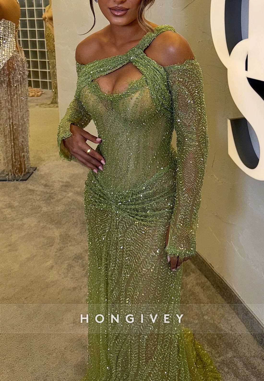 One Shoulder Long Sleeves Glitter Pleated Floor-Length Mermaid Evening Gowns