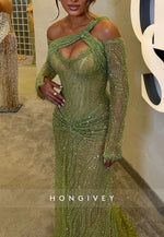 One Shoulder Long Sleeves Glitter Pleated Floor-Length Mermaid Evening Gowns