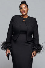 Plus Size Cocktail Party Black Round Neck Long Sleeve Feather Elegant Two Piece Dress Set [Pre-Order]