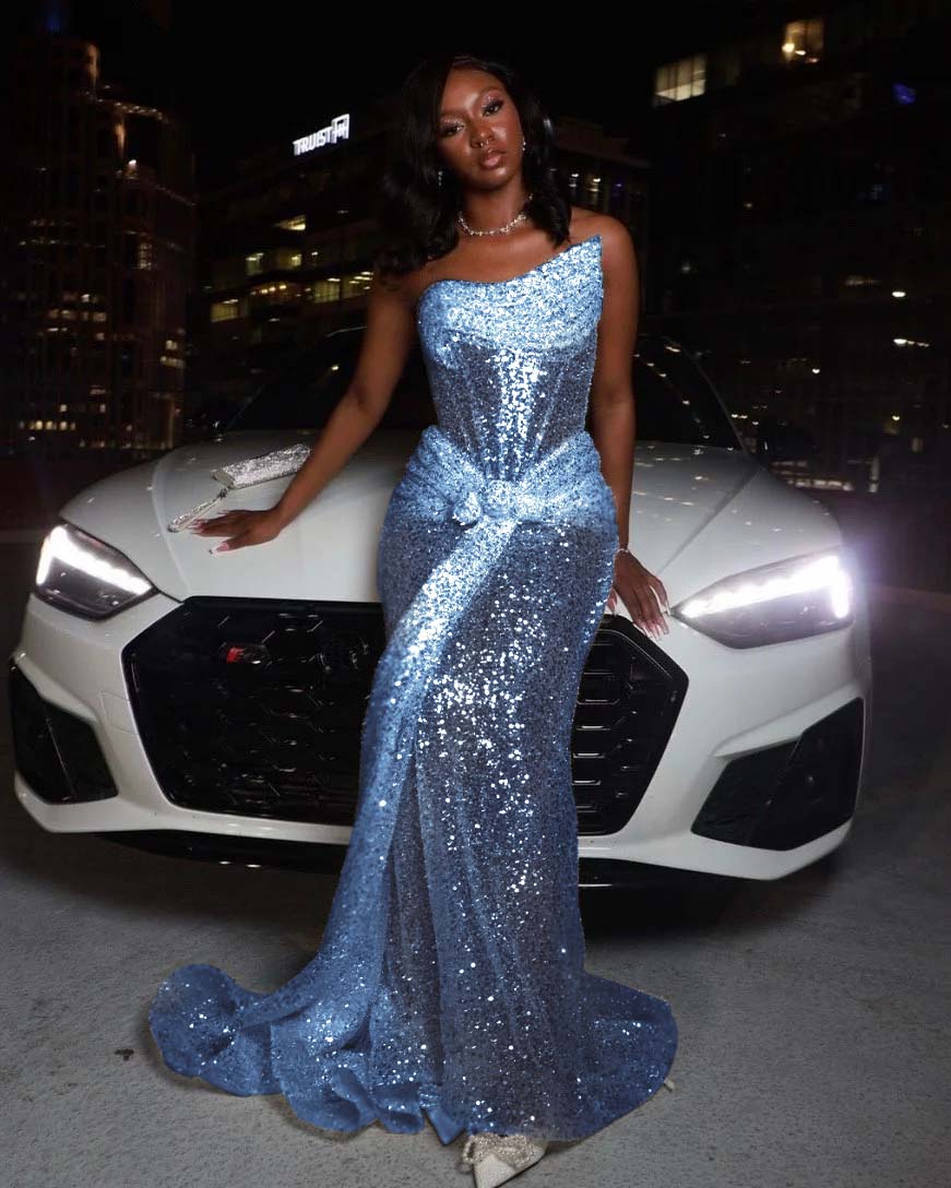 Hidais Tulle Asymmetric Strapless Sleeveless Long Pleated Mermaid Prom Dress With Sequins And Ruffles