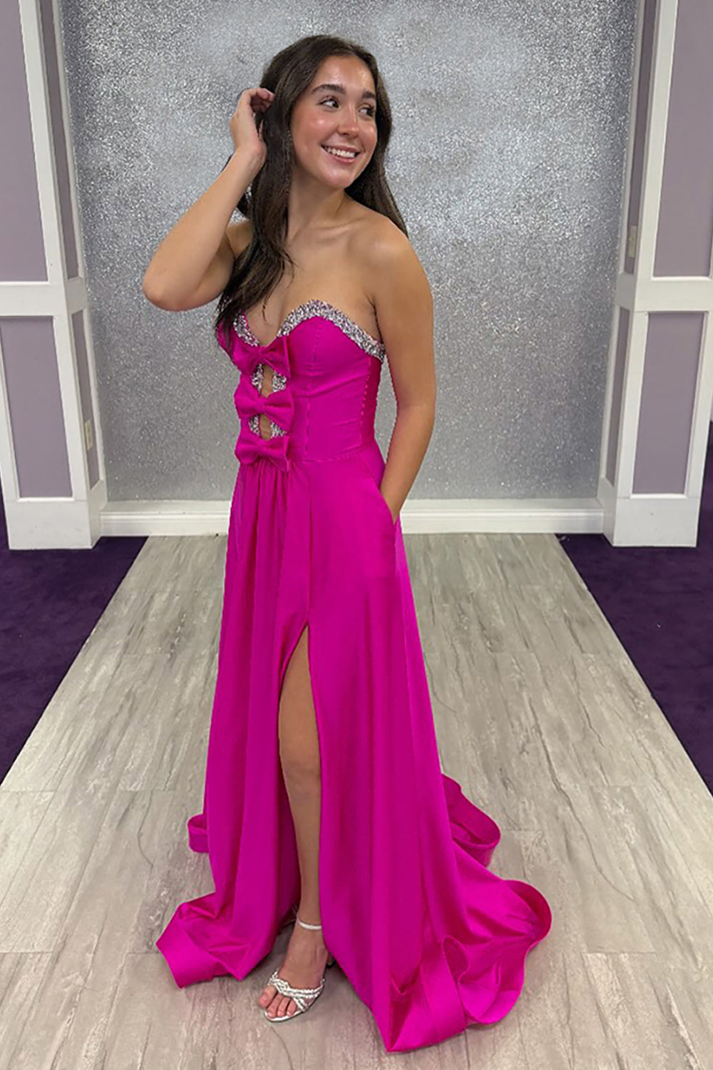 A-Line Sweetheart Keyholes Red Satin Long Prom Dresses with Pockets