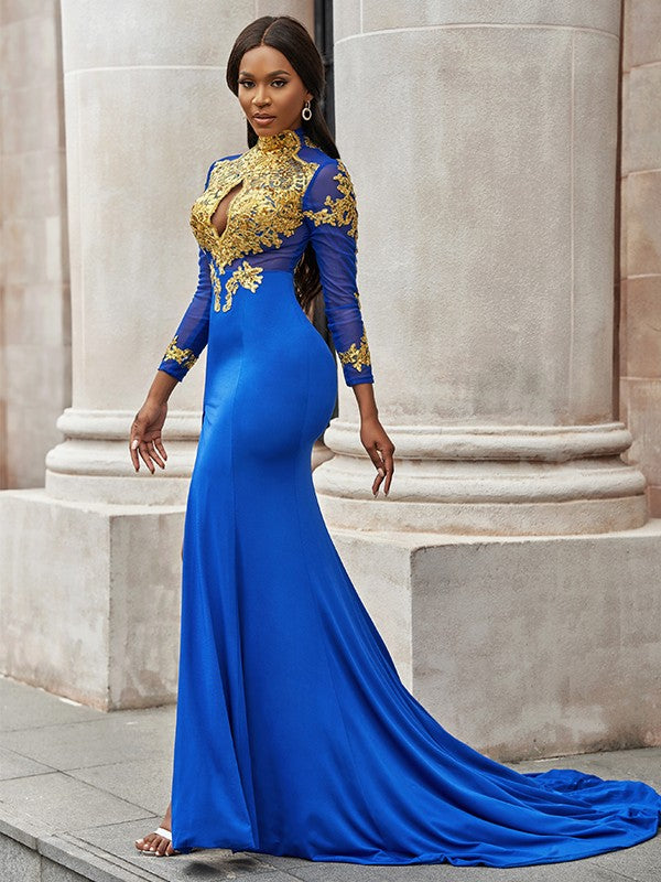Royal Blue High Neck Mermaid Long Sleeves Split Prom Dress With Appliques