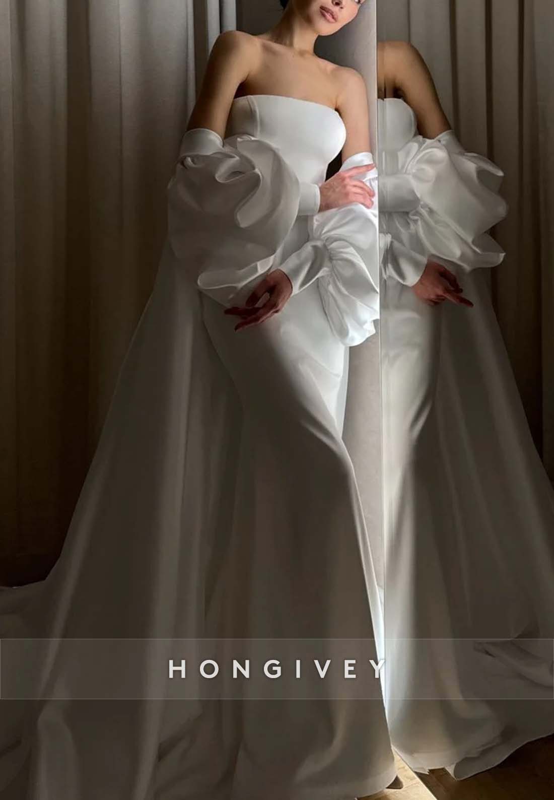 Sheath Simple Watteau Train Strapless Pleated Wedding Dresses