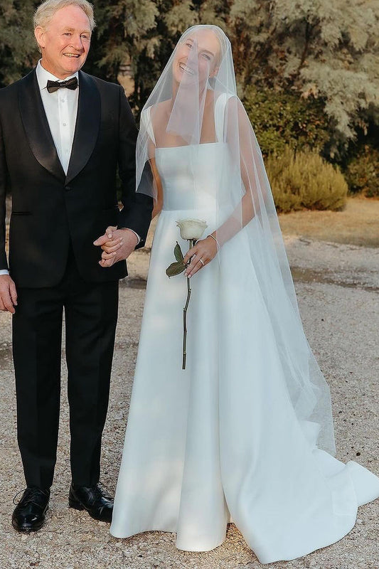 Fashion A Line Square Neck Satin Long Wedding Dresses