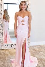 Pink Strapless Satin Beaded Long Mermaid Prom Dresses with Slit