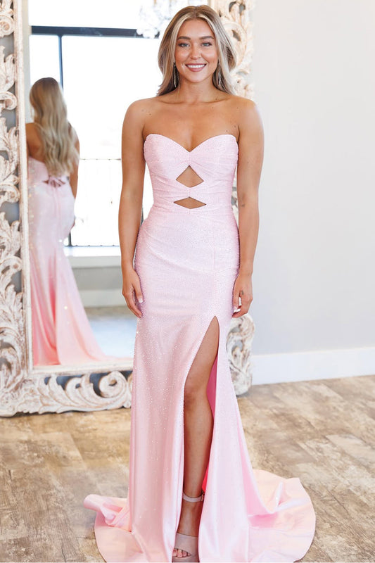 Pink Strapless Satin Beaded Long Mermaid Prom Dresses with Slit