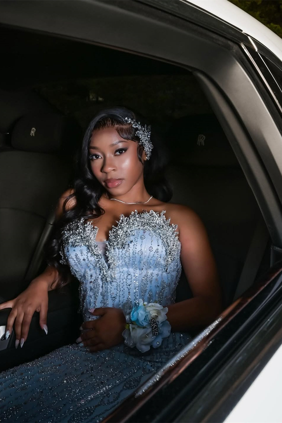 Modern Light Blue Sweetheart Mermaid Prom Dress Sleeveless Long With Beadings Crystals