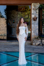 White Long Lace Sleeves Strapless Square Mermaid Long Wedding Dress
