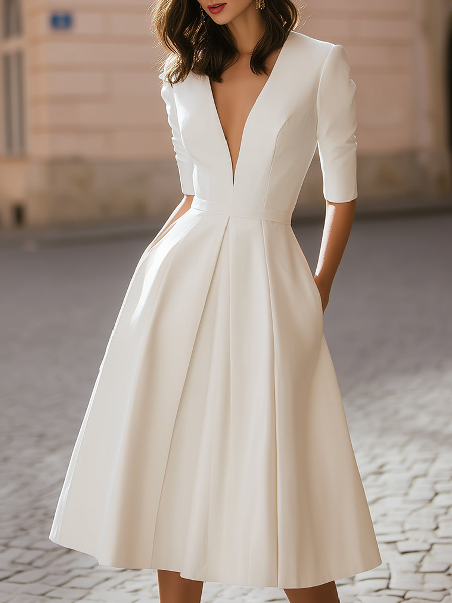 Elegant Deep V-Neck Pleated A-Line Midi Evening Dress