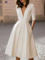 Elegant Deep V-Neck Pleated A-Line Midi Evening Dress