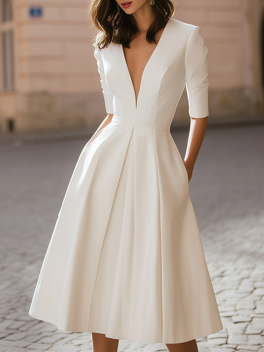 Elegant Deep V-Neck Pleated A-Line Midi Evening Dress