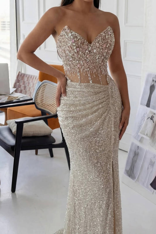 Sweetheart Sleeveless Mermaid Prom Dress Sequins With Split Beadings Crystals