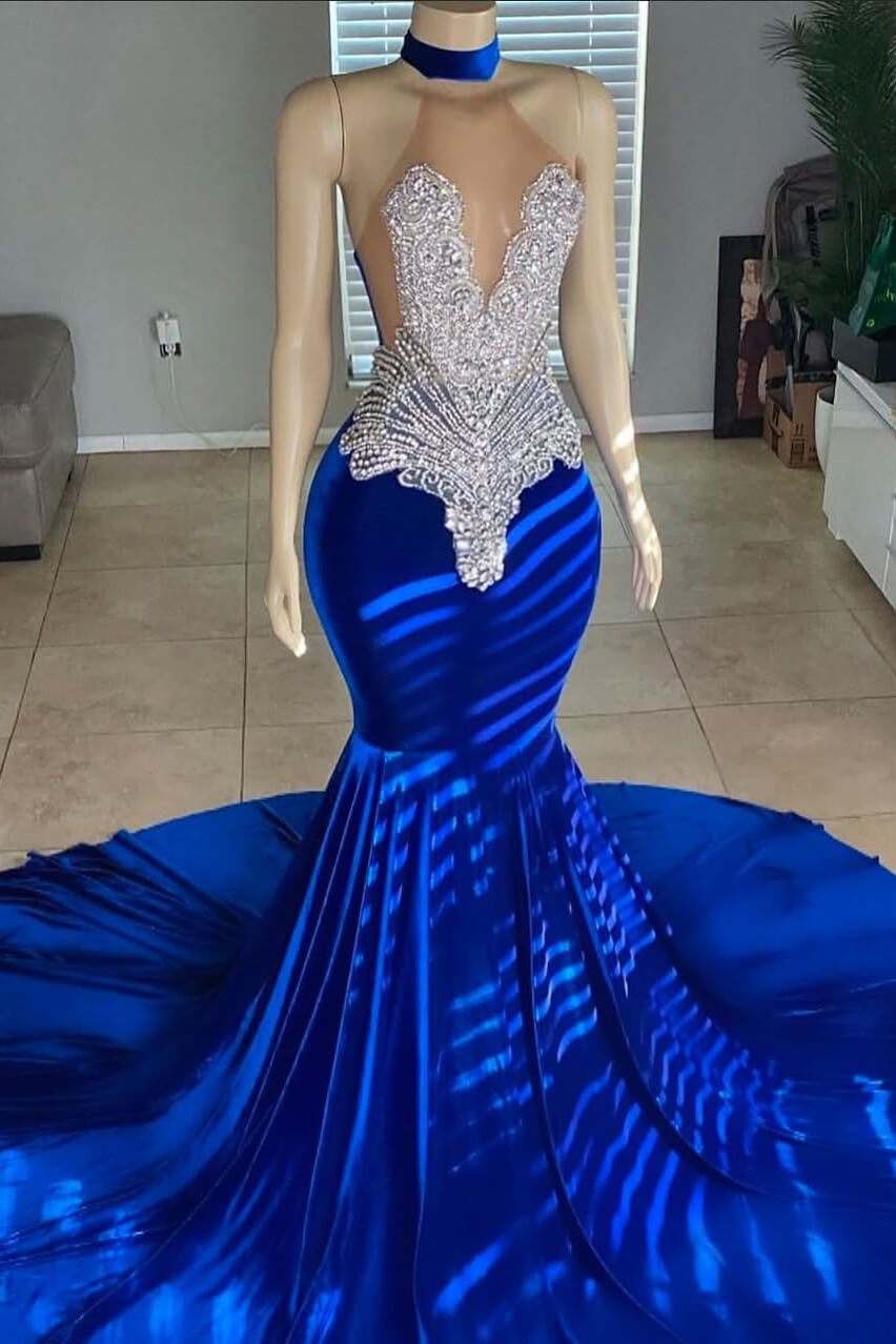 High Neck Sleeveless Royal Blue Prom Dress Mermaid Long With Beadings