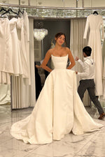 Charming A Line Strapless White Satin Long Wedding Dress with Slit