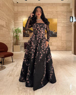 Black Flowers Appliqie Square Neck Lace Long Sleeve A-Line Evening Dress