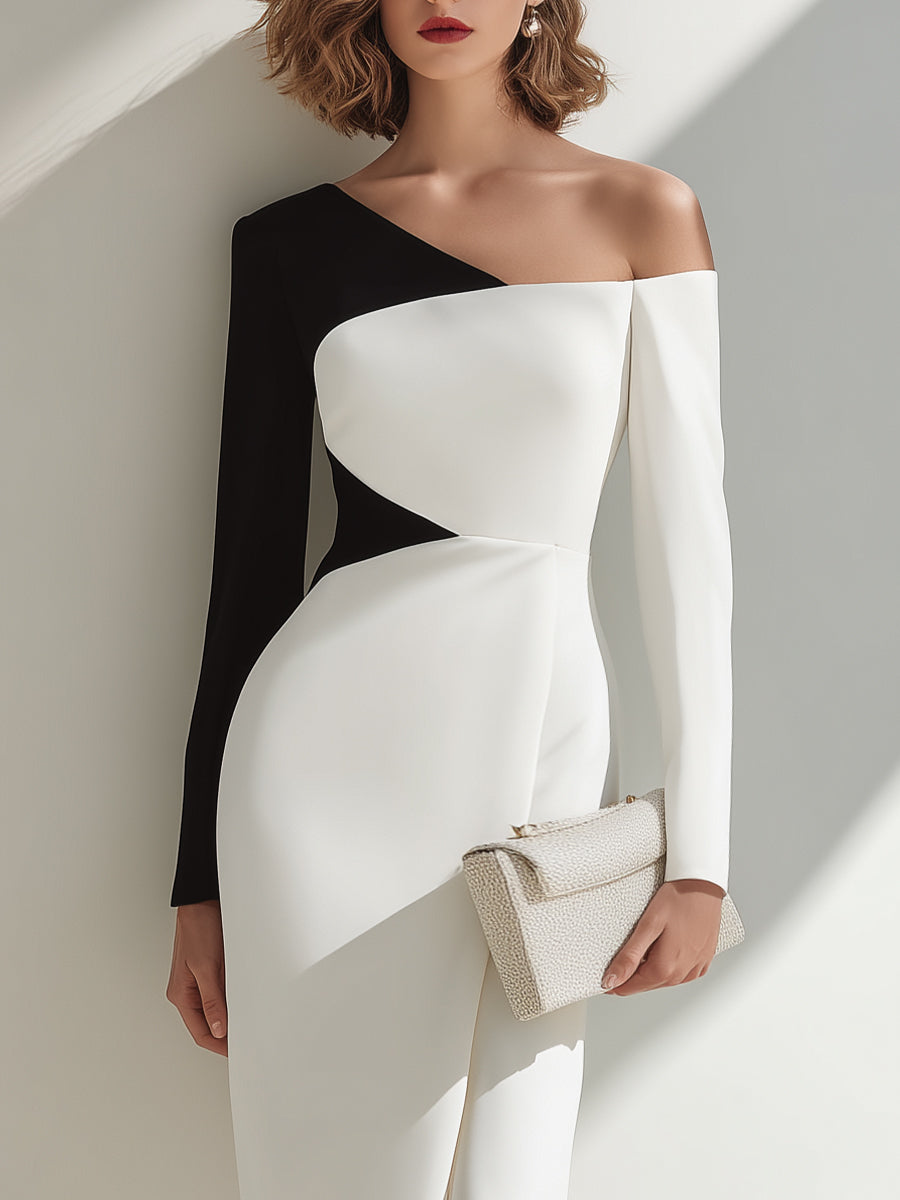Black And White Cocktail Dresses Asymmetrical One Shoulder Midi Dress