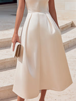 High-Neck Lace Panel Structured A-Line Midi Dress