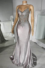 Spaghetti-Straps Silver Sleeveless Mermaid Prom Dresses Sweetheart With Sequins Zipper Back