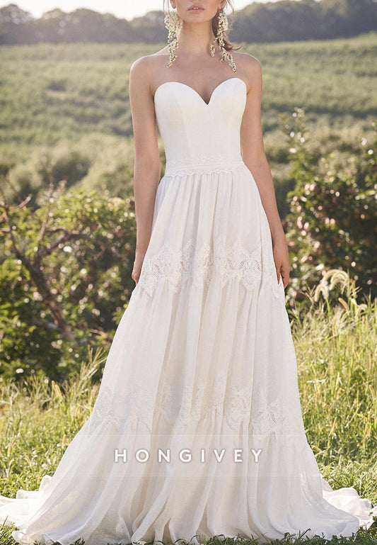 Low Back Pleated Lace Strapless Sweetheart Court Train A-line Wedding Dresses