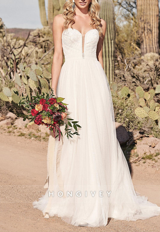 Strapless Sweetheart Sweep Train Tulle Low Back Beach Boho Wedding Dresses