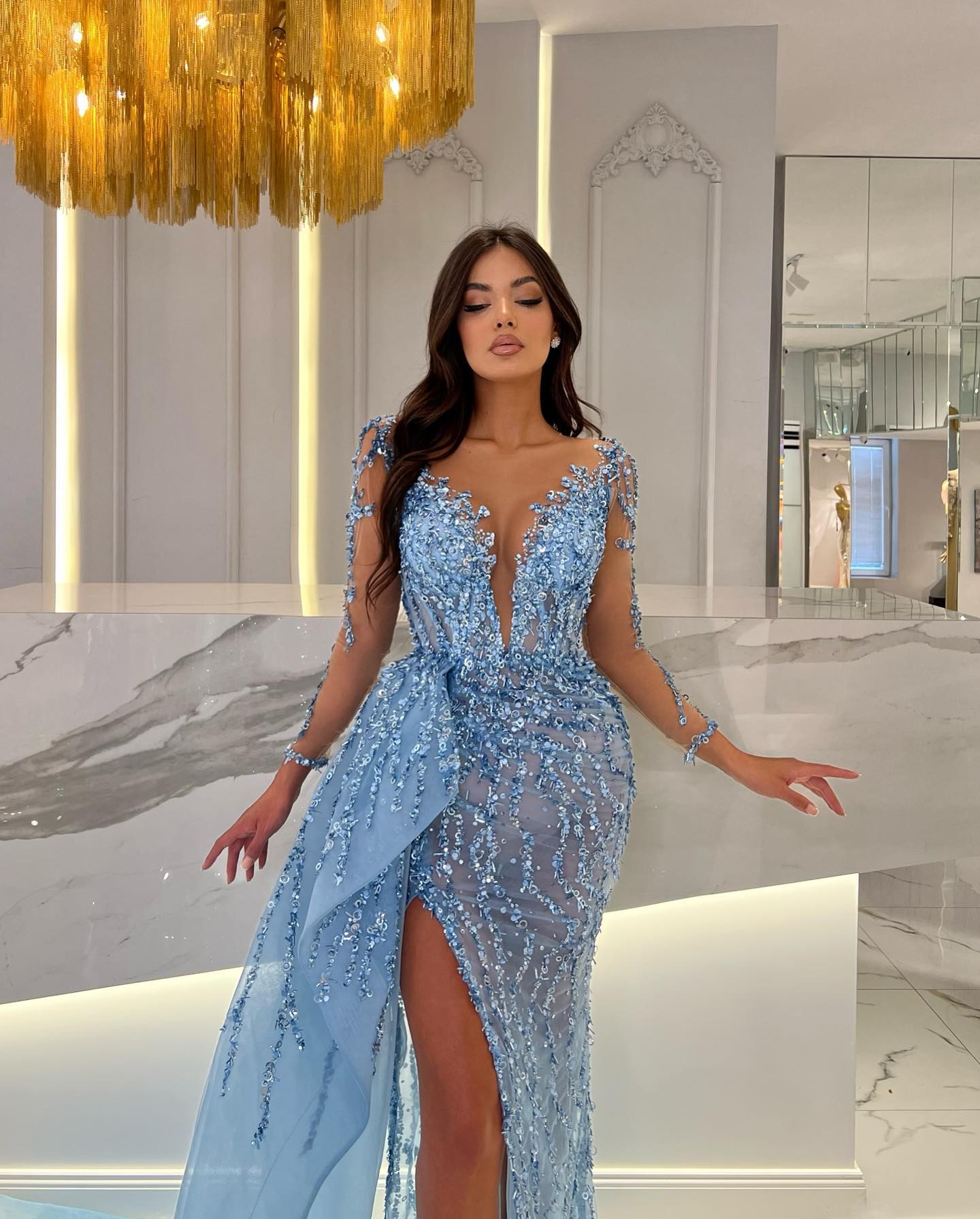 Shiny Blue Split Long Sleeves Mermaid Beaded Prom Dress Appliques Tulle