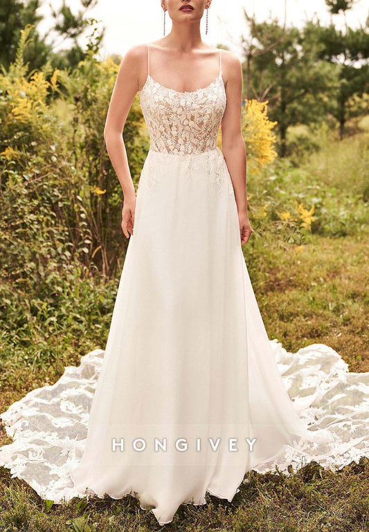 Sleeveless Spaghetti Straps Lace Pleated A-line Chapel Train Wedding Dresses