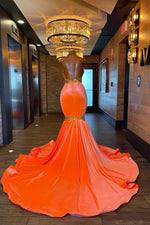Stunning Orange Halter Sleeveless Mermaid Prom Dress Appliques With Beadings