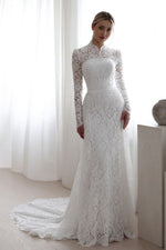 Long Sleeves White High Neck Lace Mermaid Wedding Dress With Embroidery
