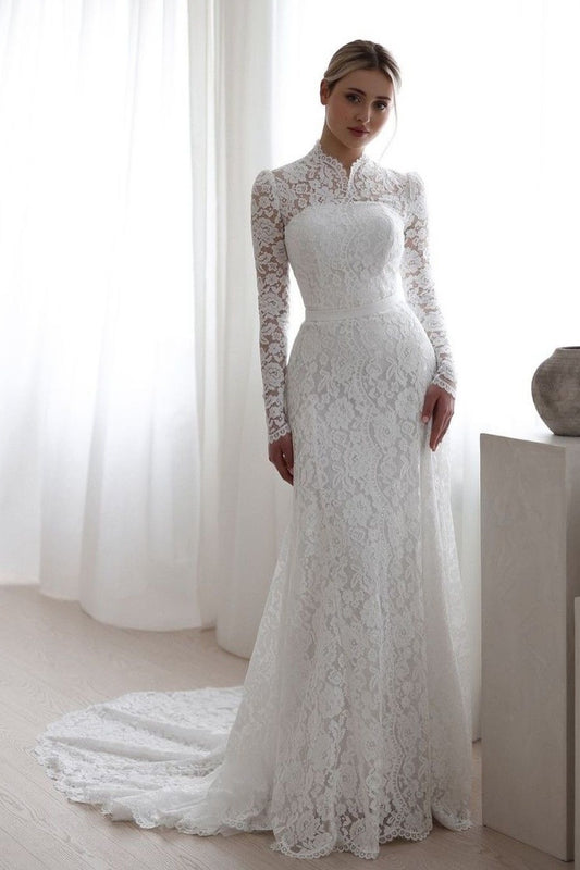 Long Sleeves White High Neck Lace Mermaid Wedding Dress With Embroidery