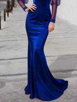 Embellished Satin Evening Dress With Sheer Balloon Sleeves