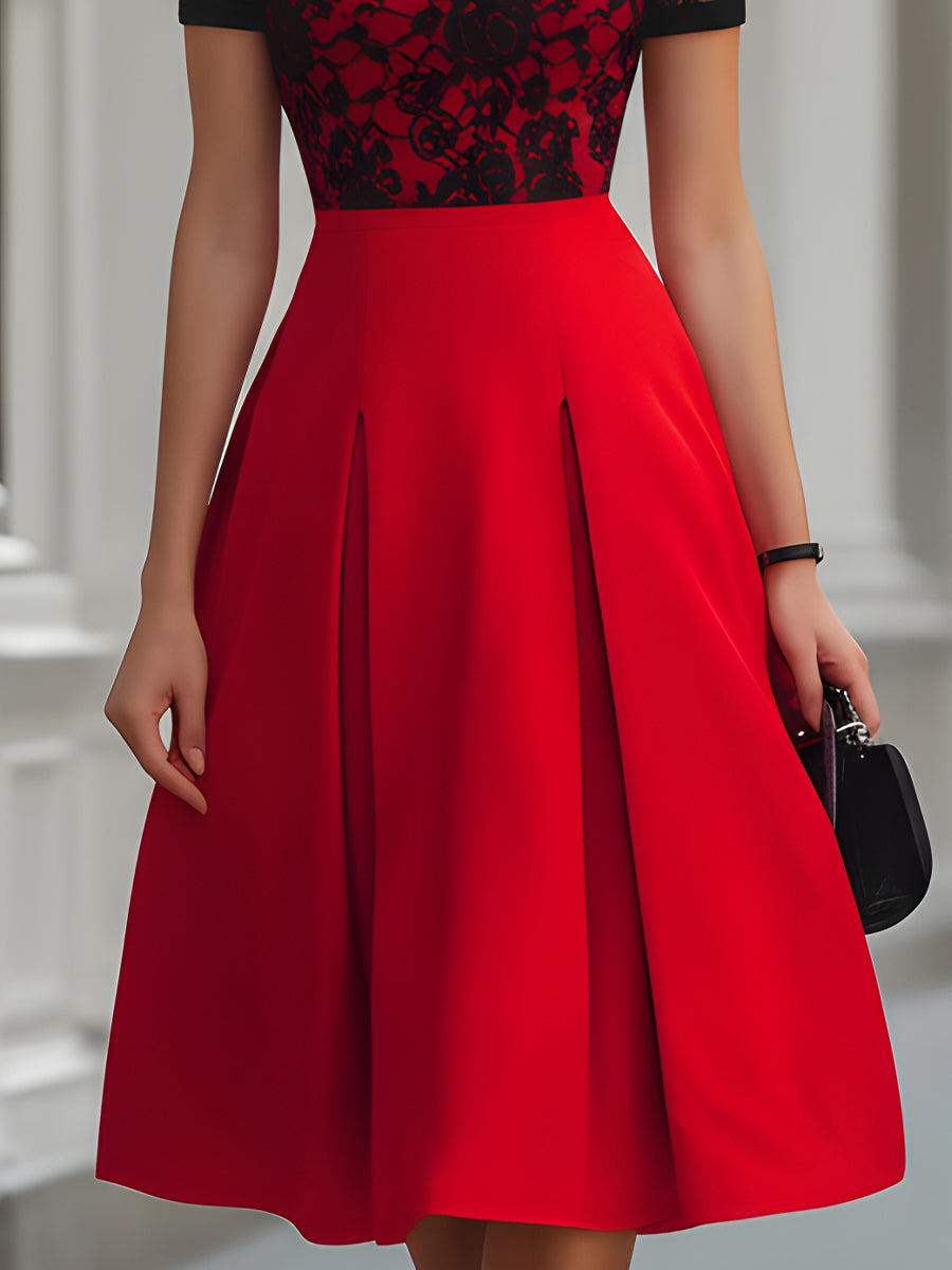 Red Black Lace Fit-and-Flare Midi Dress