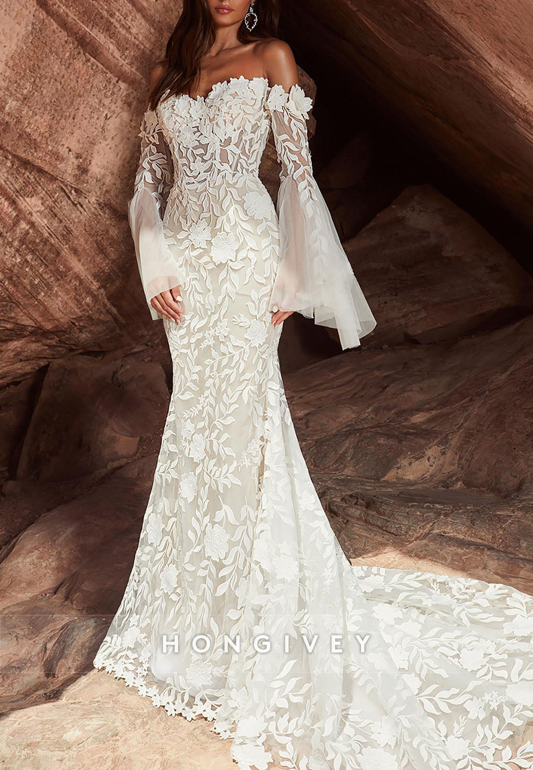 Trumpet Chapel Train Flutter Sleeves Off the Shoulder Pleated Boho Wedding Dresses