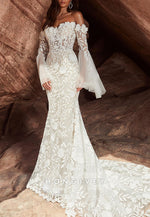 Trumpet Chapel Train Flutter Sleeves Off the Shoulder Pleated Boho Wedding Dresses