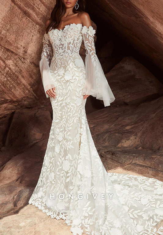 Trumpet Chapel Train Flutter Sleeves Off the Shoulder Pleated Boho Wedding Dresses