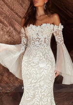 Trumpet Chapel Train Flutter Sleeves Off the Shoulder Pleated Boho Wedding Dresses