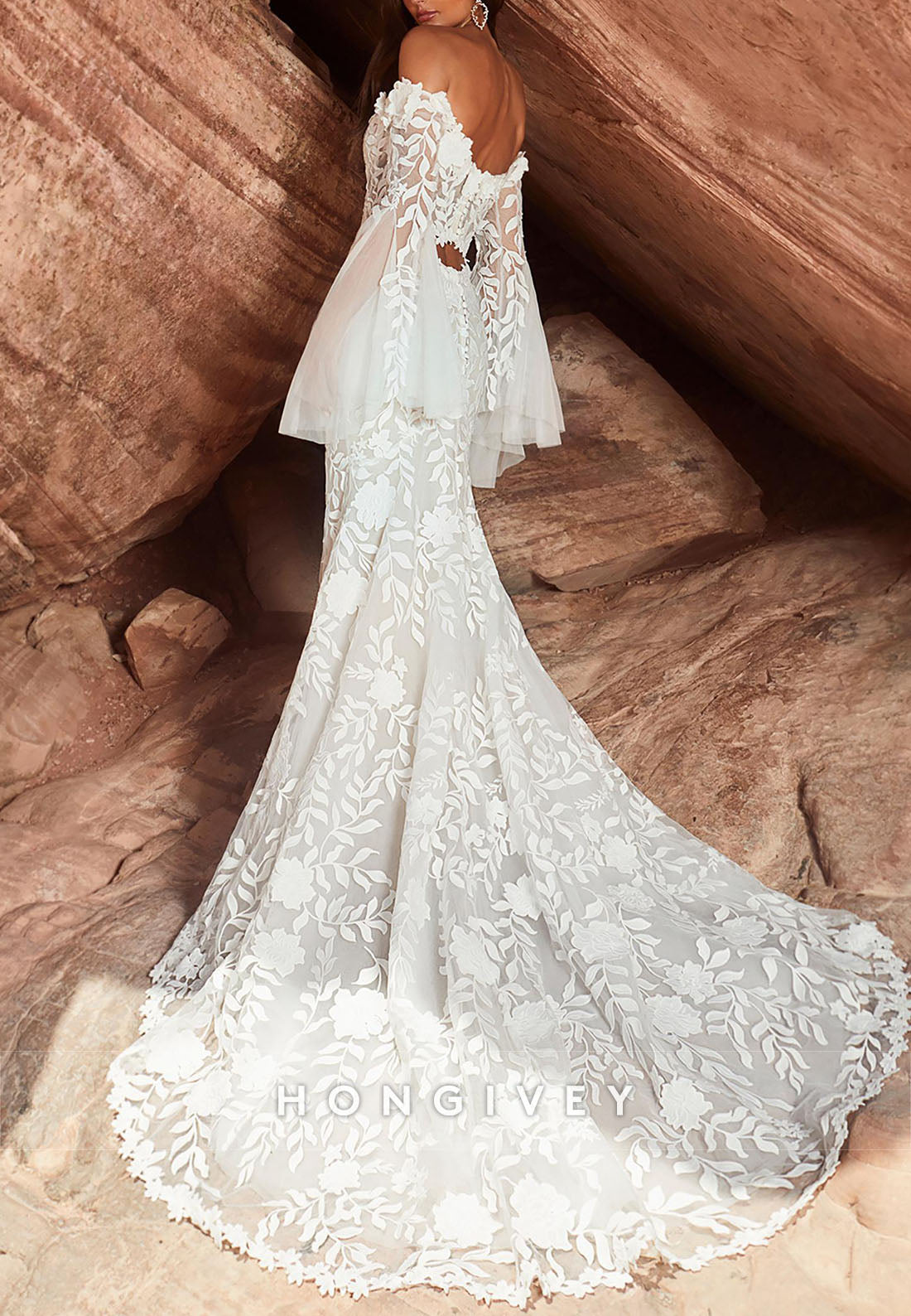 Trumpet Chapel Train Flutter Sleeves Off the Shoulder Pleated Boho Wedding Dresses