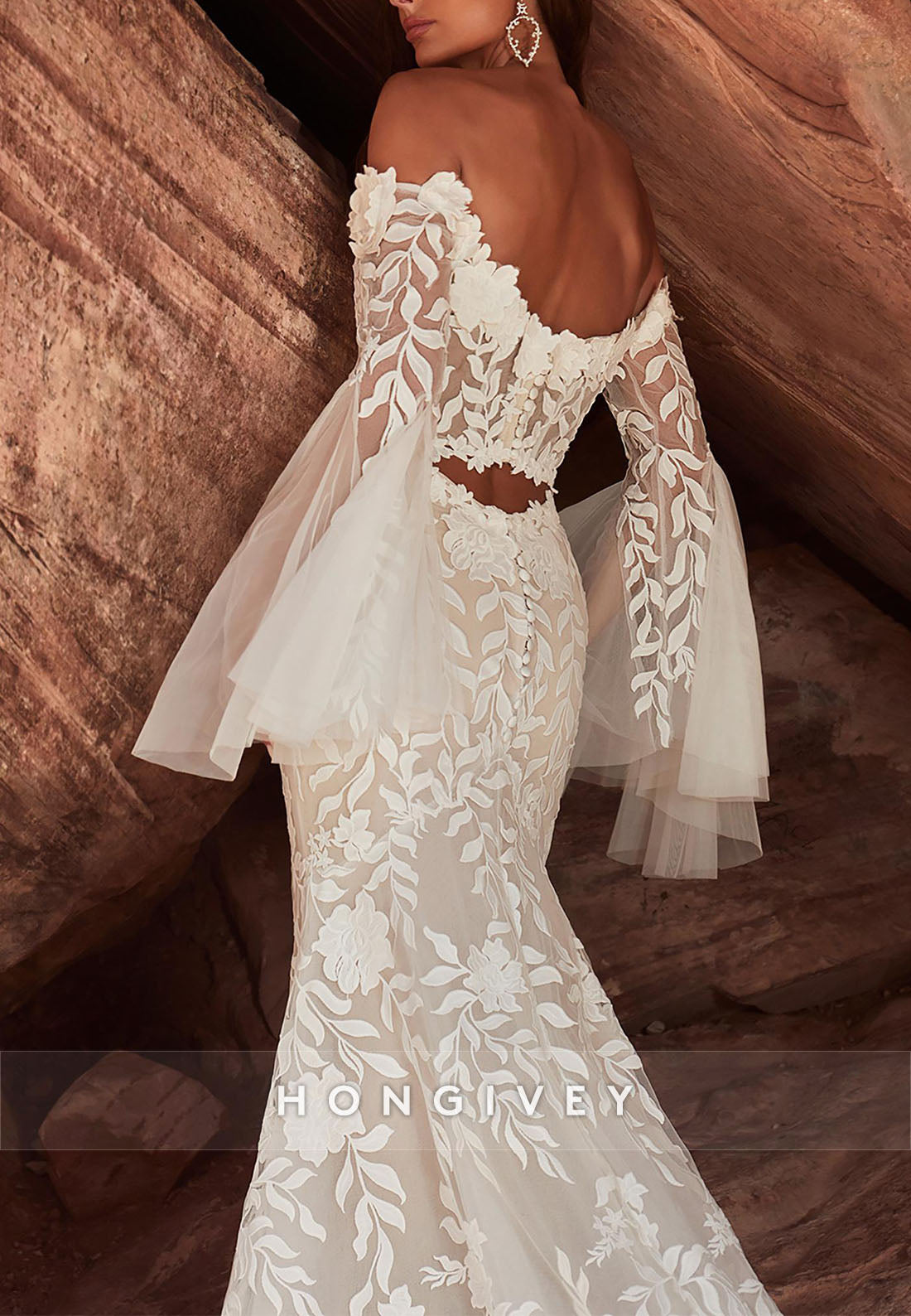 Trumpet Chapel Train Flutter Sleeves Off the Shoulder Pleated Boho Wedding Dresses