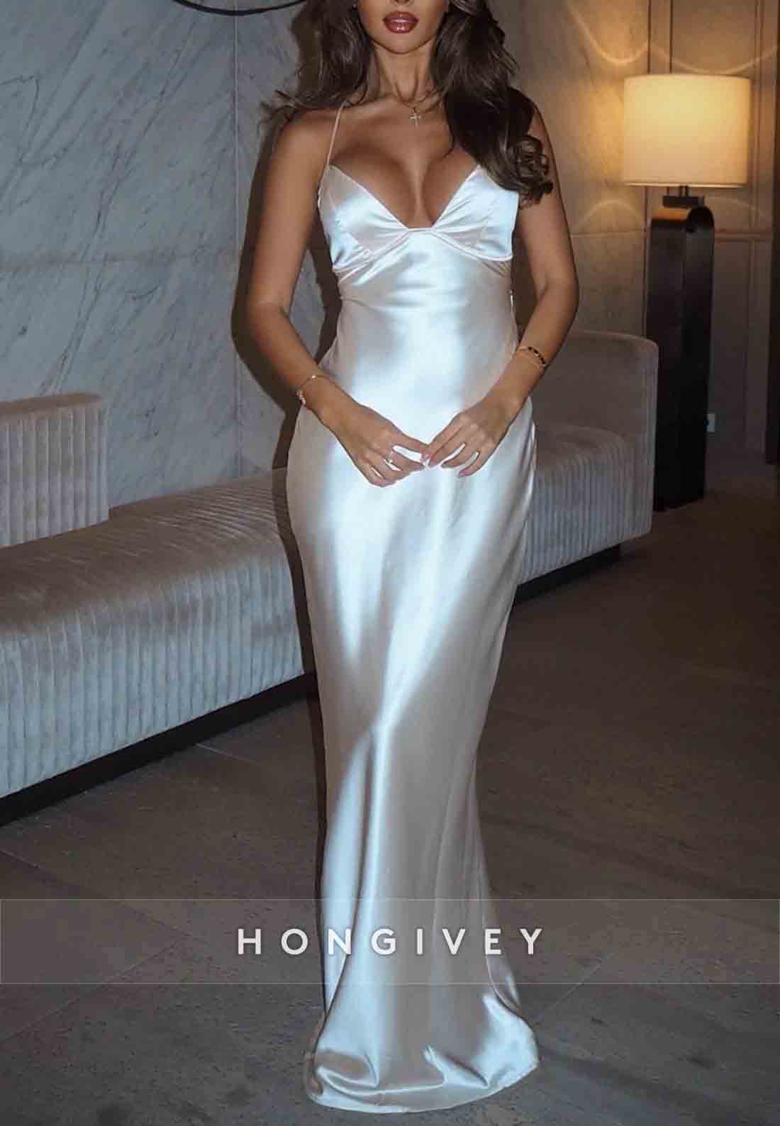 Simple Spaghetti Straps Sheath White Long Party Dress with Criss Cross Back