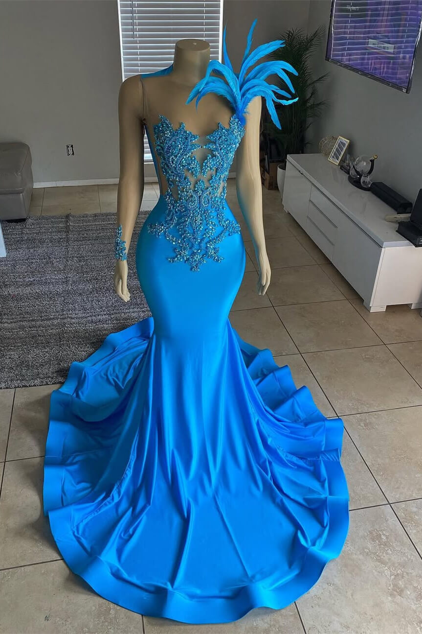 Ocean Blue One Shoulder Long Sleeves Mermaid Prom Dress With Beadings Feathers